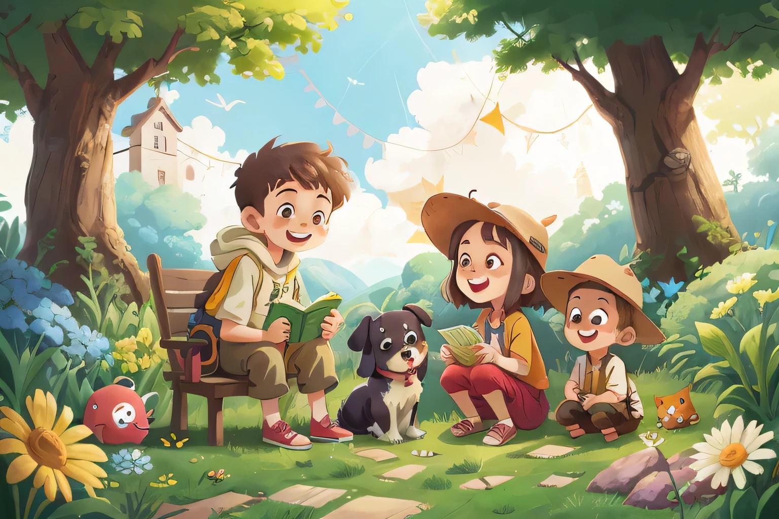 Girl and her brother are happy，Her dog became a can. Idyllic. Smooth Cole |. The Art of Simplicity. studio ghibli style. in the garden, Holding a treasure map