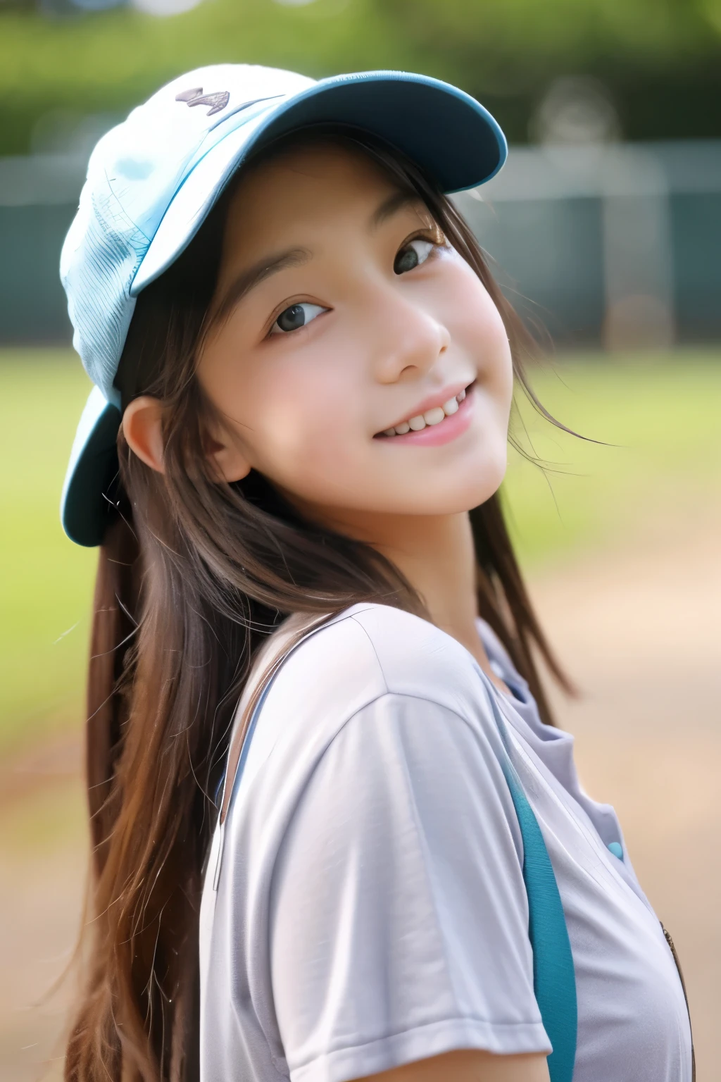 13 years old。smile、Beautiful eyes、Beautiful colored clothes、Baseball cap