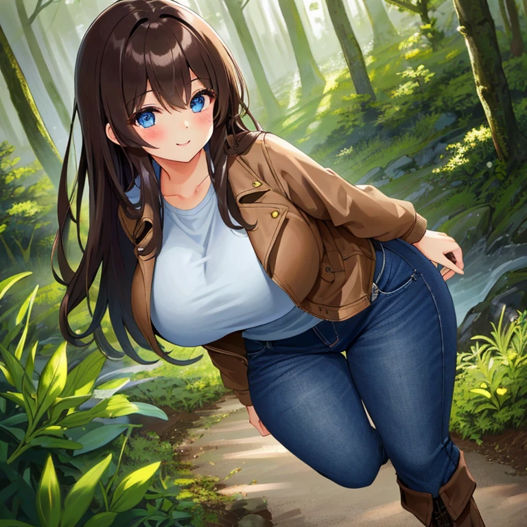 A Beautiful Cute Girl, with (Lush, Long Dark-Brown Hair), (Big Beautiful Blue Eyes), (Overwhelmingly Large Breasts, Unreasonably Huge Breasts, Extremely Overly Enormous Breasts), (Incredibly Wide Hips), Large thighs, and is very Athletic. wearing a (Brown-Leather-Jacket), Light-Blue Shirt, ((Roughed Dark-Blue Jeans)), and (Black Boots). Standing in a Forest, in the mountains, with a Beautiful Smile. (Solo), ((Best Quality)), ((Best Detail)), ((Highly Detailed Eyes)), ((Perfect Anatomy)),