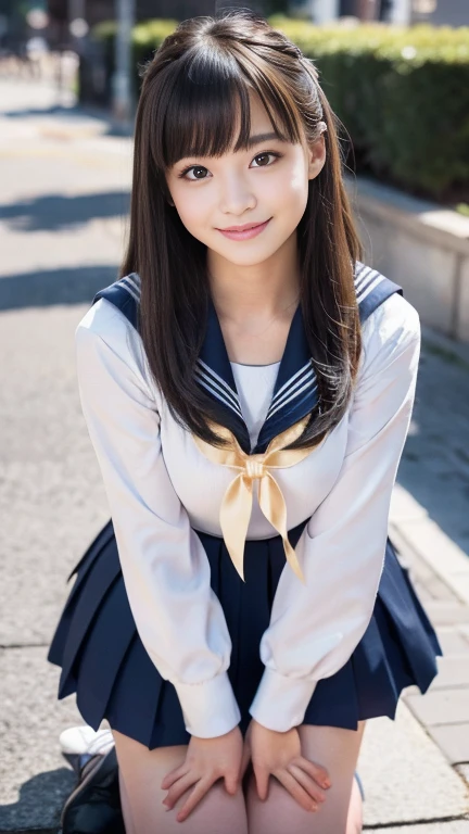 An innocent 14-year-old girl、((Sailor suit、 Too much exposure、Cute and elegant, Dramatic Pose)),smile,Long Hair、RAW Photos, (8k、highest quality、masterpiece:1.2)、(Intricate details:1.4)、(Realistic:1.4)、Octane Rendering、Complex 3D rendering with ultra-detail, Studio Soft Light, Rim Light, Sharp details, Super Detail, Realistic skin texture, detailed aspects, Beautiful details in the eyes, Highly detailed CG Unity 16k wallpaper, Compensate, (Detailed Background:1.2), Glowing Skin, whole body,Hands down、(stand with feet apart,)、恥ずかしいsmile、I can see your thighs、White high heels、Bright lighting、Low Angle、Model standing、Emphasized cleavage