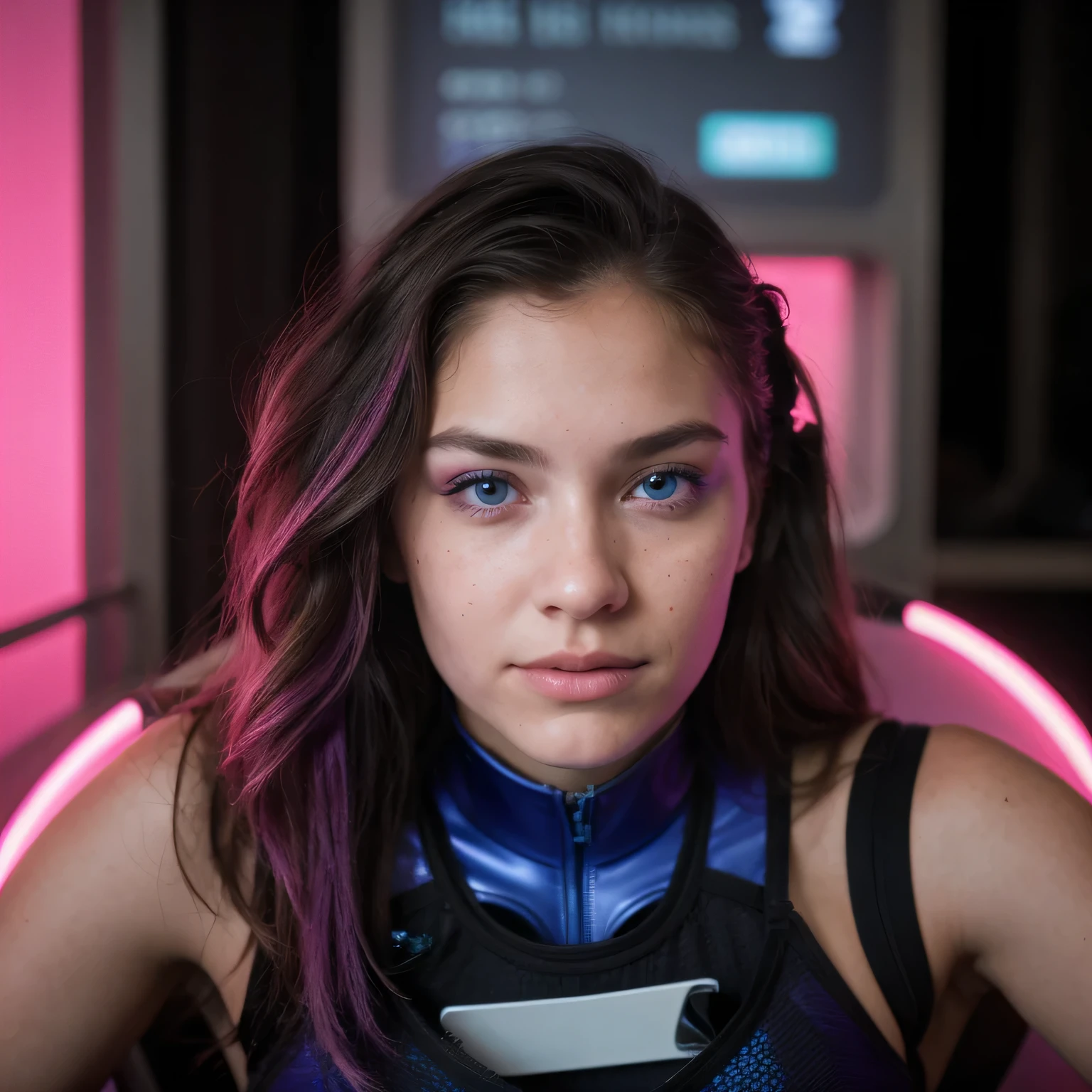 photo of a college student，************, in Purple Pink, futuristic space suit, (freckles:0.8) cute face, sci-fi, dystopian, detailed eyes, cobalt blue eyes（（Side view））bar