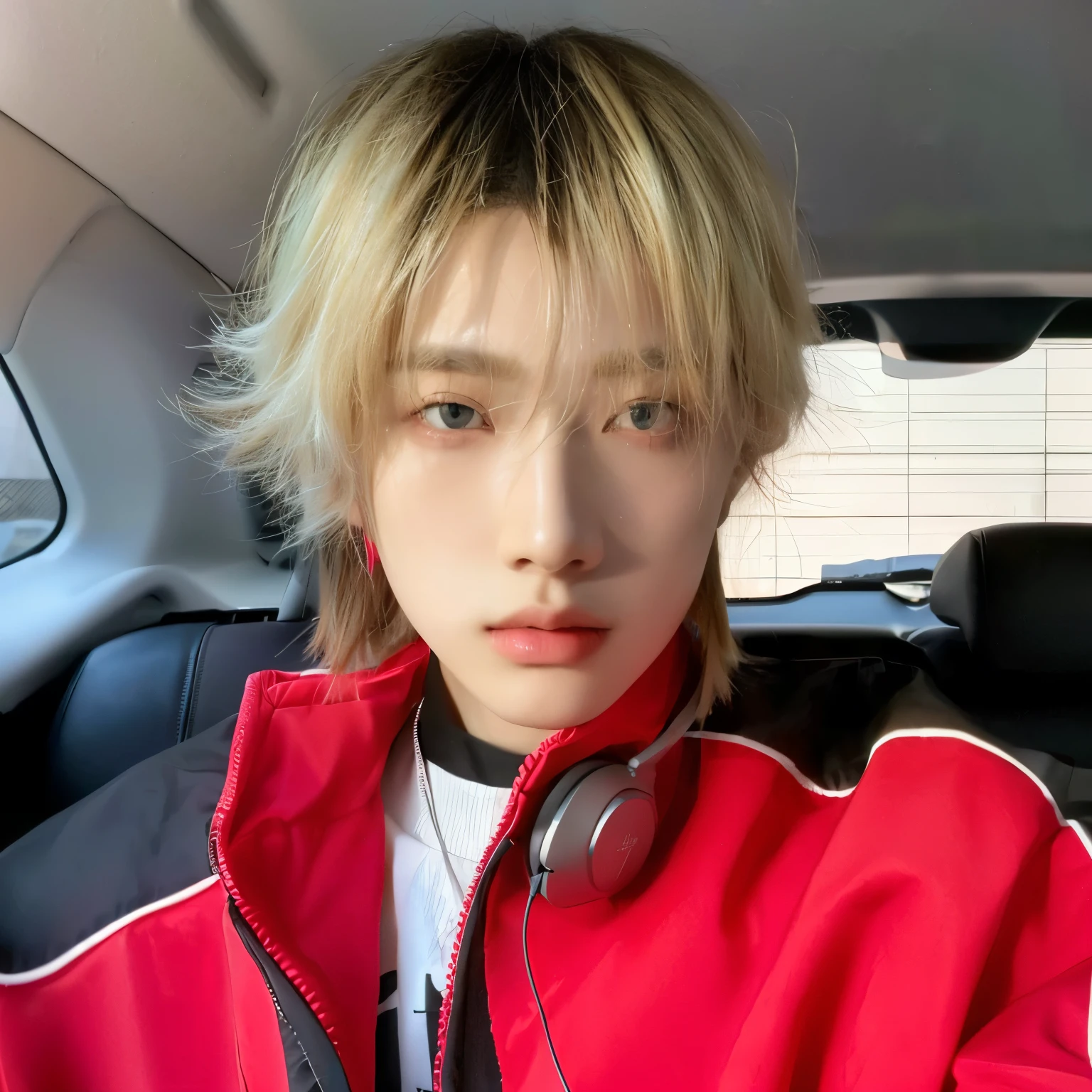 blond hairojo boy with headphones in car with headphones on, cai xukun, con pelo corto, Jung Jaehyun, pintar ulzzang, jinyoung shin, hyung tae, androgynous person, androgynous face, ((rojo)) ojos holgados, Kim Doyoung, beautiful androgynous prince, kim taejin, and - girl, e-chica