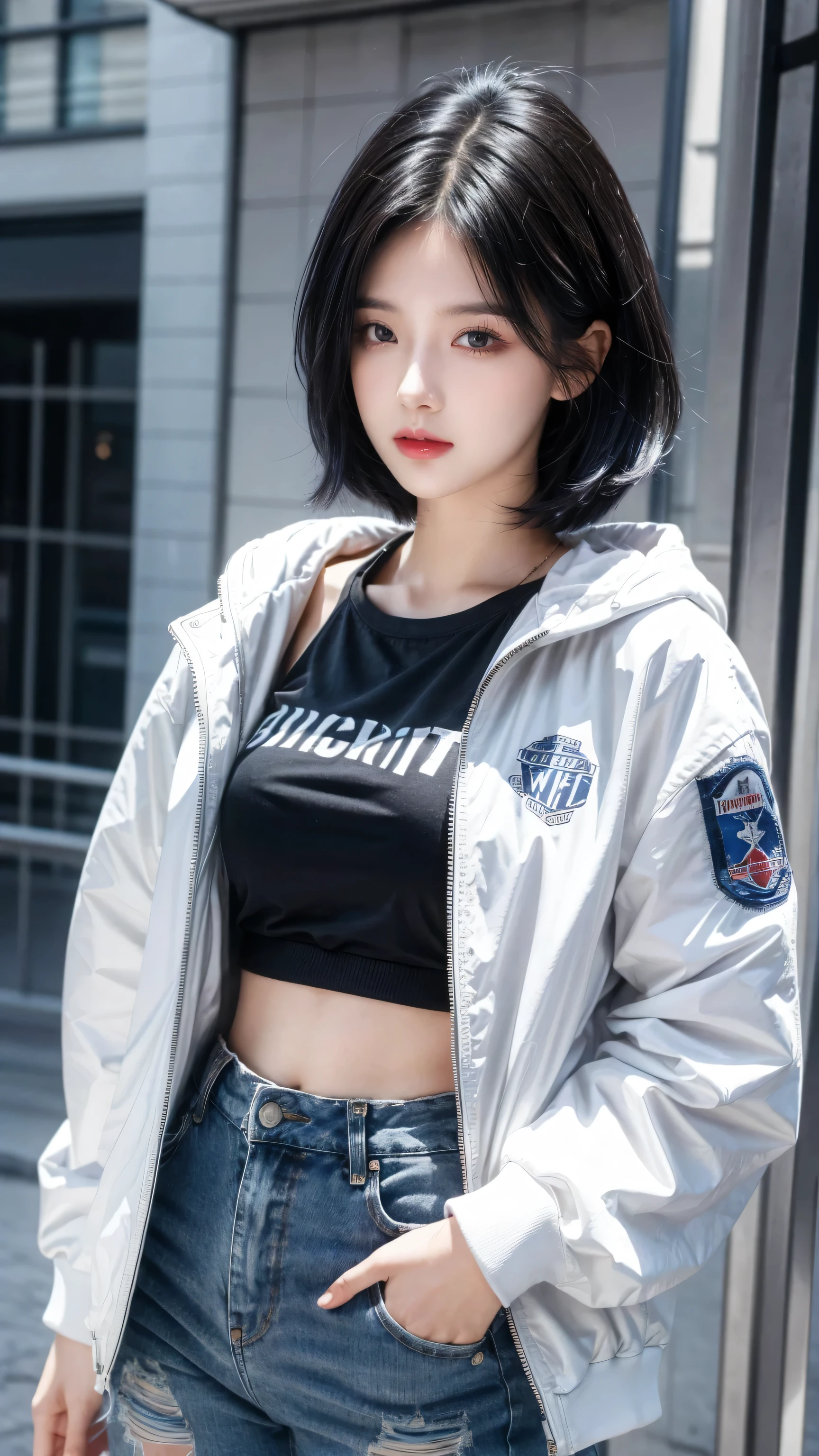 best quality, 1 Girl, dark blue hair, black eyes, Very short hair, Spiky hair, t-shirt, white jacket , High waist jeans, 171 cm, Messy hair, Hair between the eyes, Medium breasts, full, Tomboy, aldult, 20 years old, 1 Girl