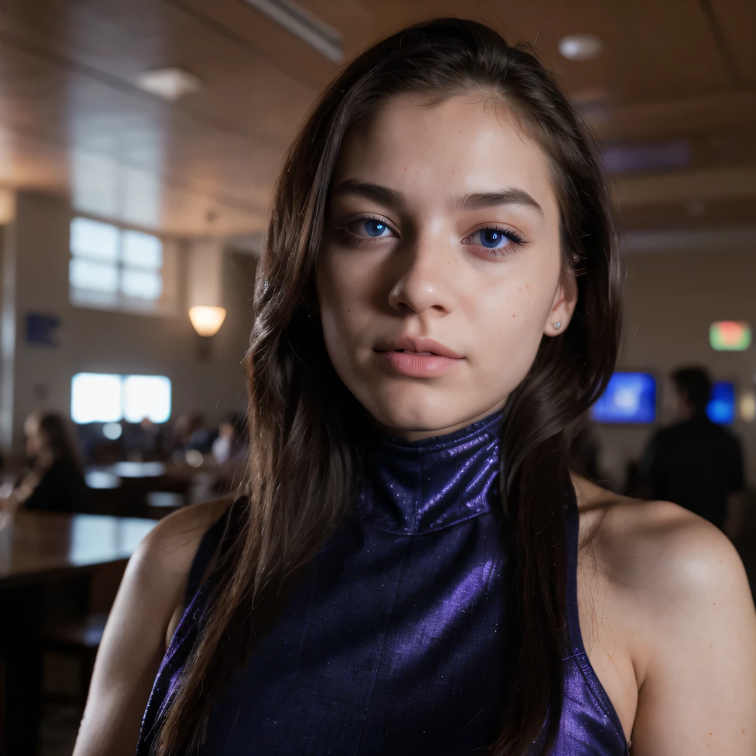 photo of a college student,16 years old, in Purple Pink, futuristic space suit, (freckles:0.8) cute face, sci-fi, dystopian, detailed eyes, cobalt blue eyes((Side view))bar