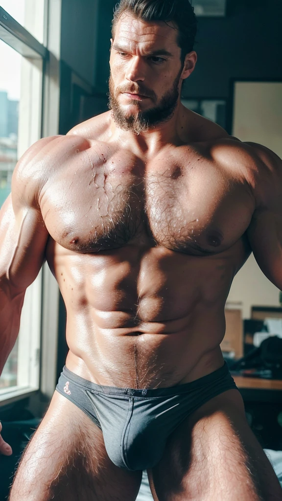 Henry Cavill, shirtless, hairy chest, beach underwear, big bulge, hyper realistic style, erotic, 3-meters-tall-bodybuilder's oversized biceps are 240 inches, with long oversized arms, outgrows buildings size, sexy smile, ultra hd, realistic, vivid colors, highly detailed, UHD drawing, pen and ink, perfect composition, beautiful detailed intricate insanely detailed octane render trending on artstation, 8k artistic photography, photorealistic concept art, soft natural volumetric cinematic perfect light