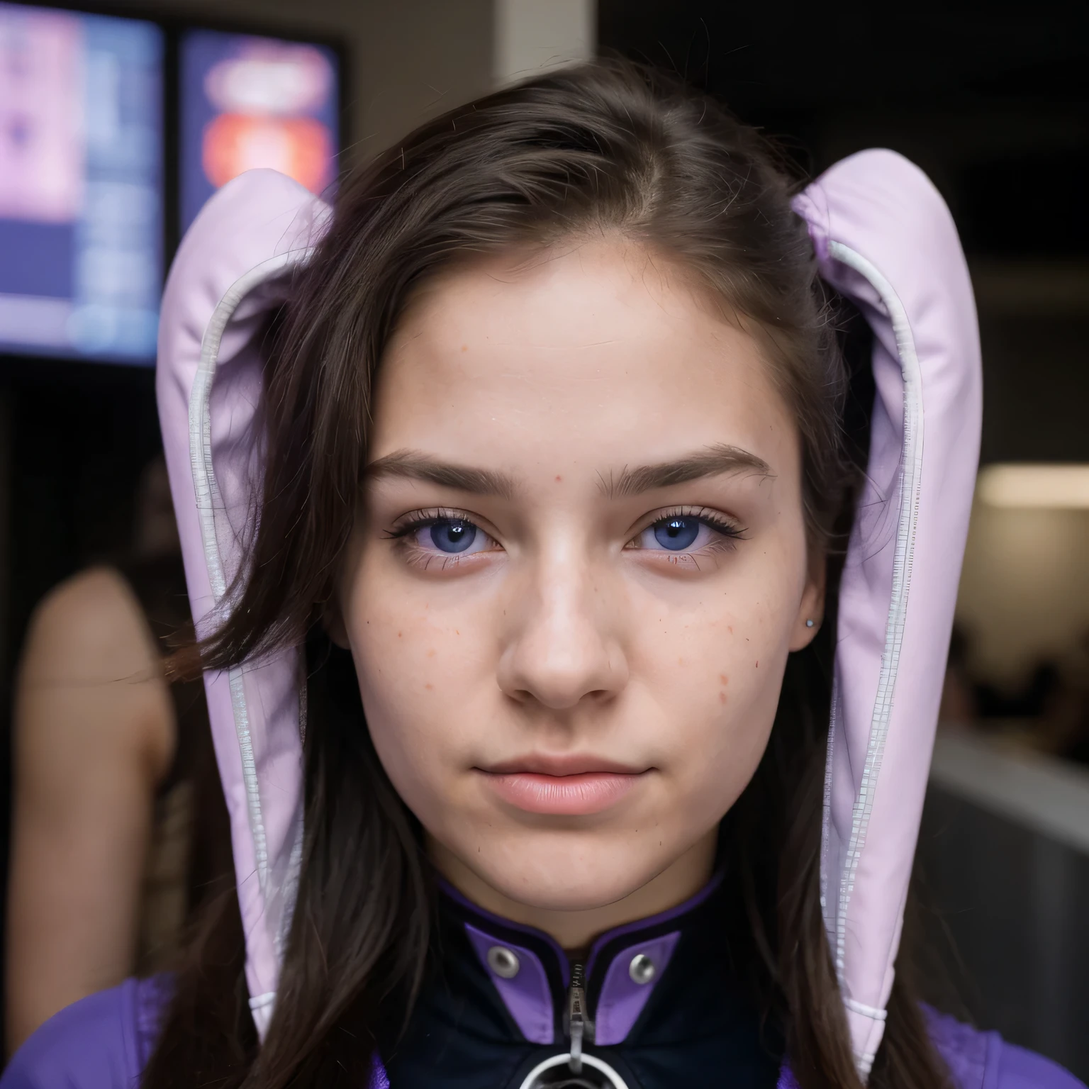 photo of a college student，16 years old, in Purple Pink, futuristic space suit, (freckles:0.8) cute face, sci-fi, dystopian, detailed eyes, cobalt blue eyes（（Side view））bar