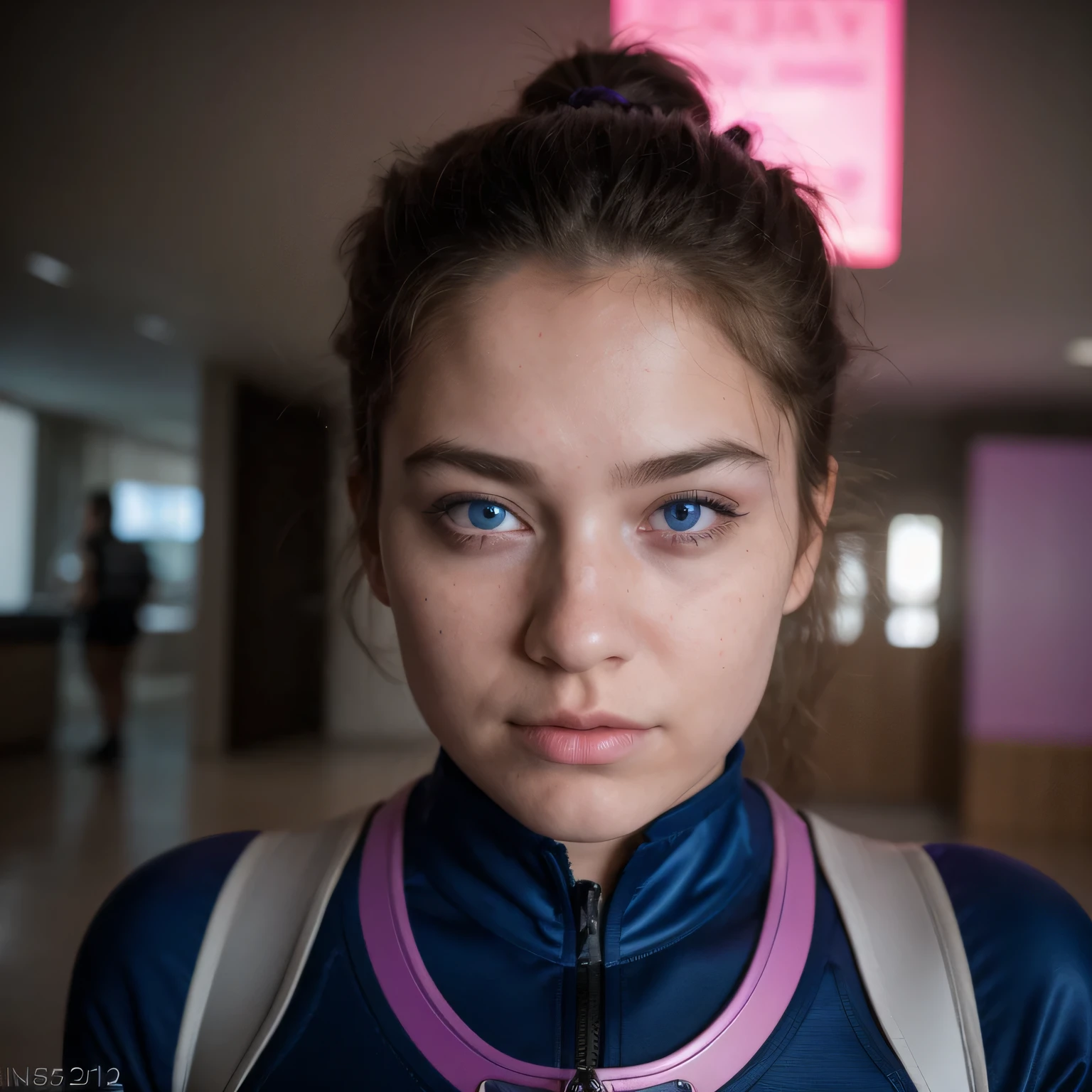 photo of a college student，, in Purple Pink, futuristic space suit, (freckles:0.8) cute face, sci-fi, dystopian, detailed eyes, cobalt blue eyes（（Side view））bar