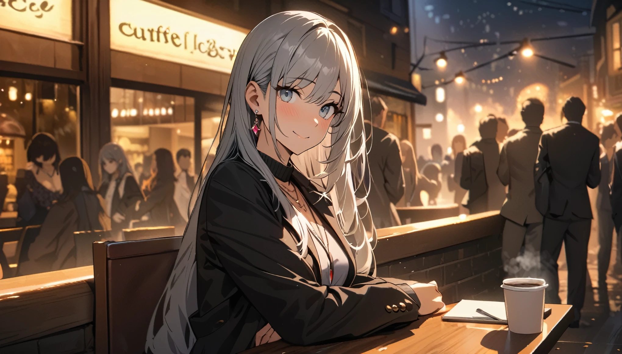 masterpiece, highest quality, Ultra-high resolution, Ultra-fine, 4K, 8k, highest quality, beautiful, Cute Woman, alone, (beautiful,Gray Hair, beautiful eyes, Long Hair, smile), Break A cozy cafe scene, Coffee on the table, food, Coffee cup, Crowd in the background, Breaking Prada,night,suit,necklace, Earrings, accessories, bag, Great lighting,Excellent resolution,, Audio Notes,