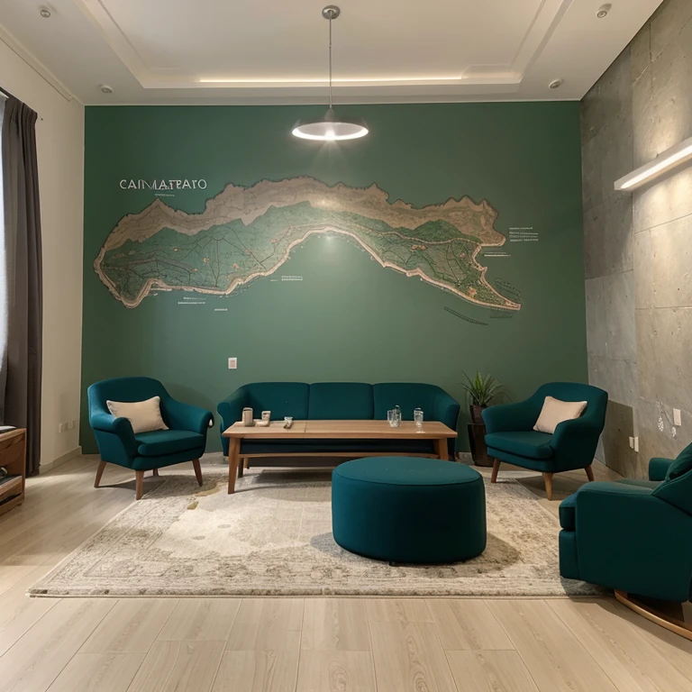 Interior de una agencia de viaje, con pantallas interactivas, un mapa en la pared, Very comfortable chairs, decoration from various countries