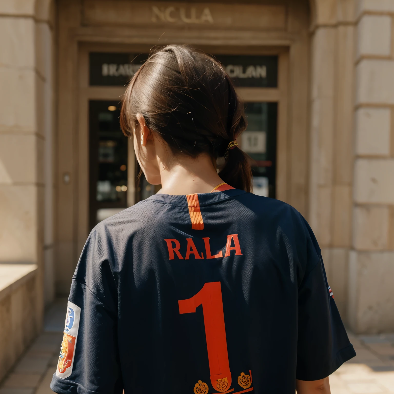 Girl from behind with the Barcelona shirt with the number ten and it says Maribel behind the shirt 