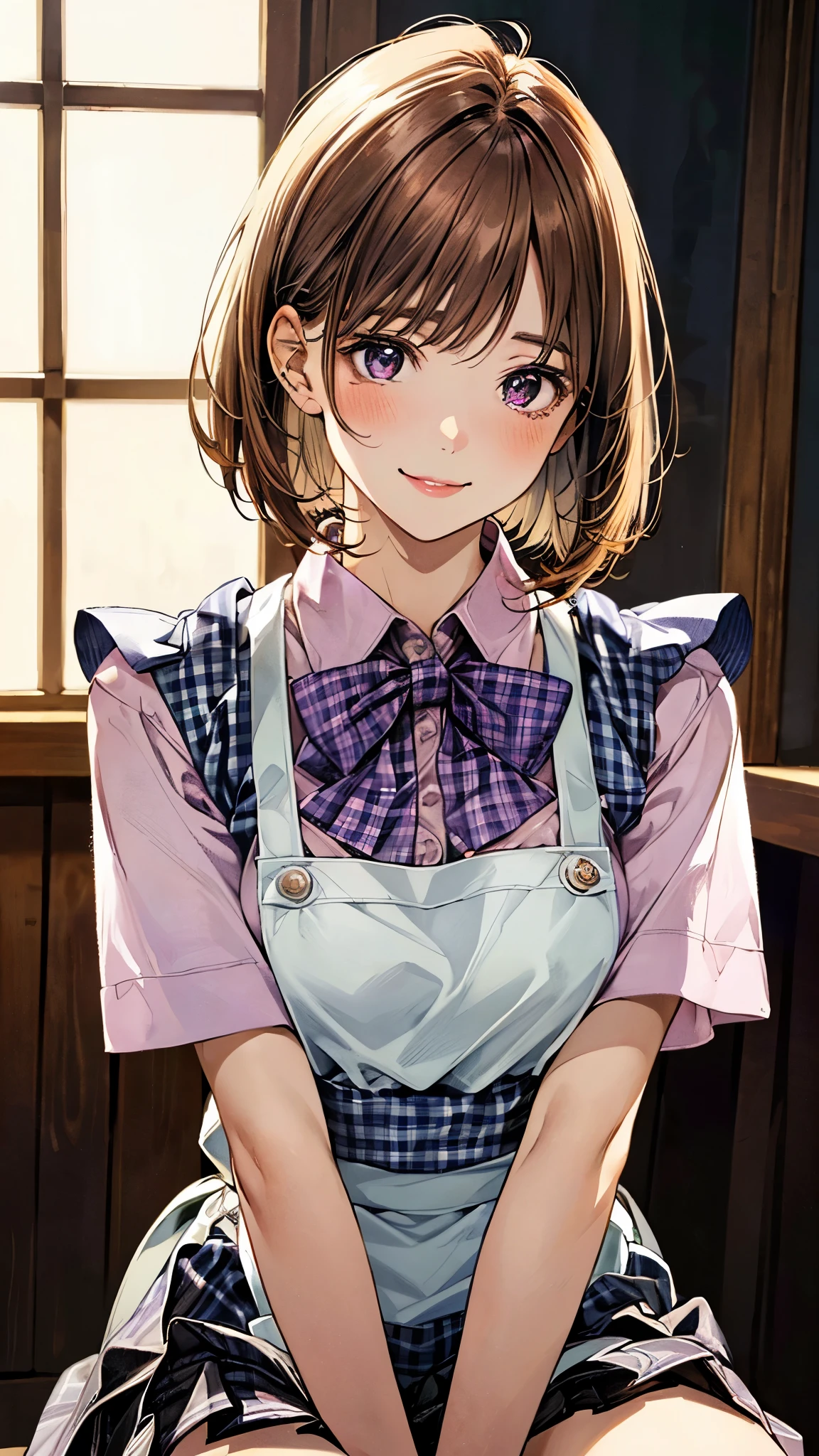 (masterpiece:1.3, highest quality, Ultra-high resolution, Super detailed), (Realistic, photoRealistic:1.4), Beautiful illustrations, Perfect lighting, Natural light, colorful, Depth of written boundary, Surrealism,
Beautiful detailed hair, Beautifully detailed face, Beautiful fine details, Beautiful clavicle, Beautiful body, Beautiful breasts, Beautiful thighs, Beautiful feet, Beautiful fingers, Shiny skin, Baby Face,
View your viewers, (Face Focus, Upper Body), 1 girl, Japanese, high school girl, (Perfect Anatomy, Anatomically correct, Highly detailed skin), Cute and symmetrical face, Perfect Face, Perfect Eyes,
(Middle Hair, Bobcut, Straight hair, Copper-colored hair), Swept-apart bangs, Brown eyes, Droopy eyes, Big eyes, Long eyelashes, (Large Breasts:1.2, Captivating thighs), thin, outAre standing style,
((Detailed cloth texture, Pink Apron, White collared shirt, Purple checkered pleated skirt, Purple checkered bow tie)),
(Beautiful views), evening, (kitchen), Are standing, Place your hands between your legs, (Cute smile:1.2),