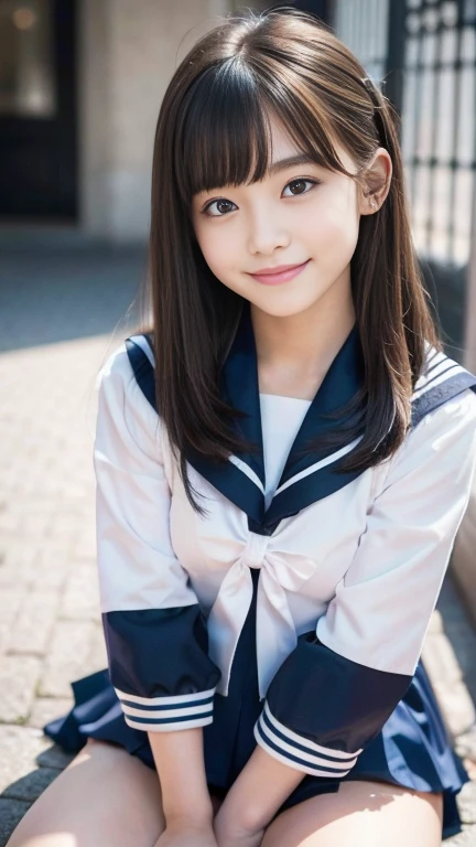 An innocent 、((Sailor suit、 Too much exposure、Cute and elegant, Dramatic Pose、whole body)),smile,Long Hair、RAW Photos, (8k、highest quality、masterpiece:1.2)、(Intricate details:1.4)、(Realistic:1.4)、Octane Rendering、Complex 3D rendering with ultra-detail, Studio Soft Light, Rim Light, Sharp details, Super Detail, Realistic skin texture, detailed aspects, Beautiful details in the eyes, Highly detailed CG Unity 16k wallpaper, Compensate, (Detailed Background:1.2), Glowing Skin, whole body,Hands down、(stand with feet apart,)、恥ずかしいsmile、I can see your thighs、White high heels、Bright lighting、Low Angle、Model standing、Emphasized cleavage