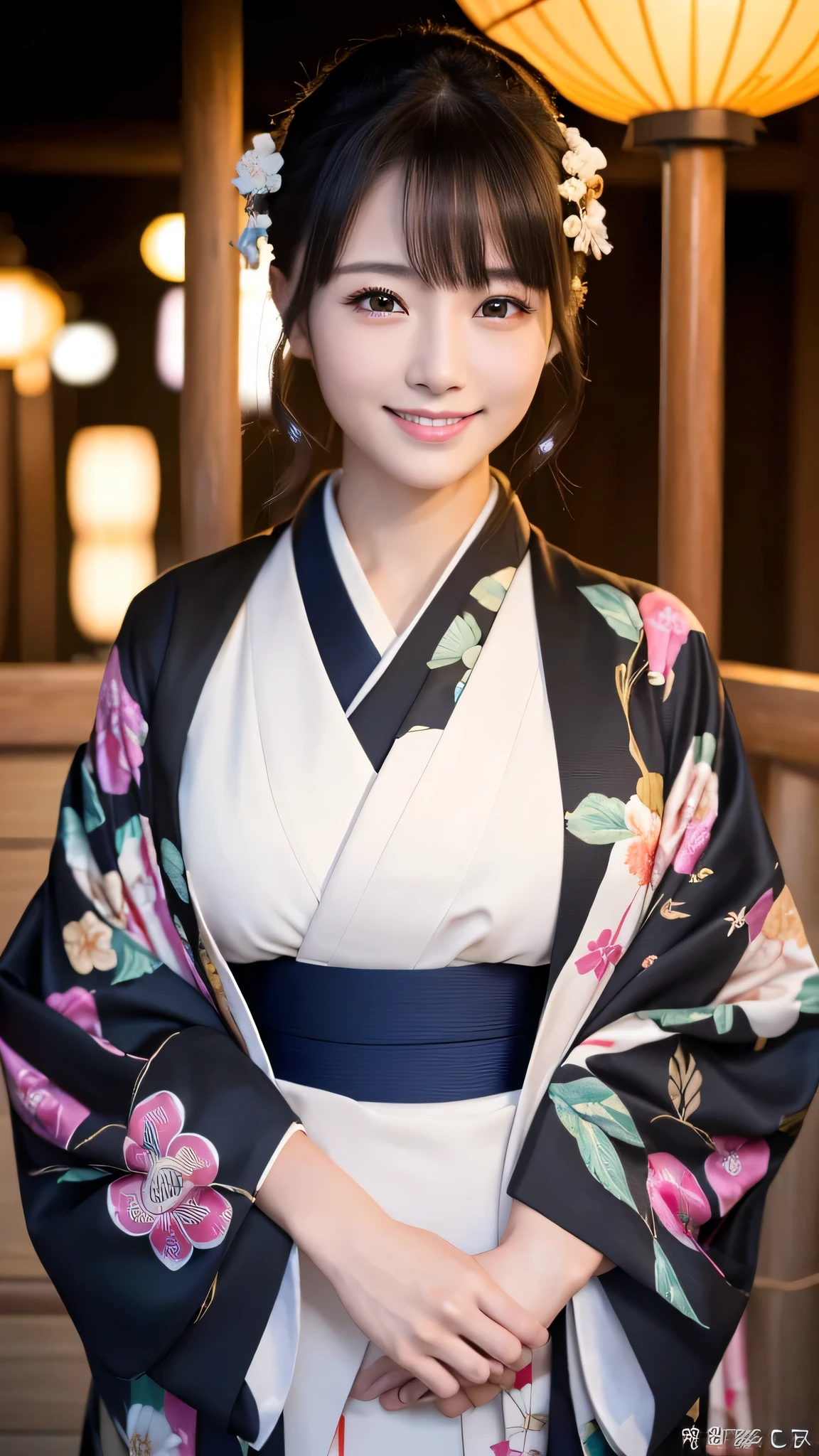 (Super beautiful woman in kimono)、((highest quality、8K masterpiece:1.3))、sharp focus:1.2、(super beautiful face:1.0)、(shiny skin:1.0)、realistic pictures、black hair、video lighting、High resolution eyes and face、video lighting、japanese actress、from the front、with a happy smile、whole body、wearing a kimono、in Kyoto、(luxury obi)