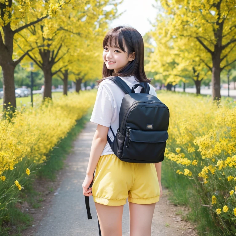 Shot from behind、Her face faces the viewer, and she looks very attractive with her backpack on., (adorable baby dog), Enjoy a lovely spring outing surrounded by beautiful yellow flowers and natural scenery.. 1 girl,Cute face,smile,tight shorts,Knee socks、The illustrations are in high resolution with 4K resolution.., 12 year old girl with highly detailed facial features