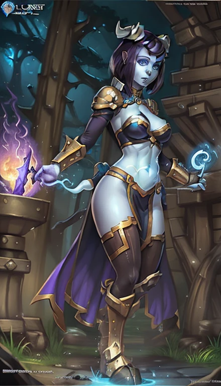 Monara from World of Warcraft, short purple hair, horns, blue glowing eyes, World of Warcraft League of legends splash art, 