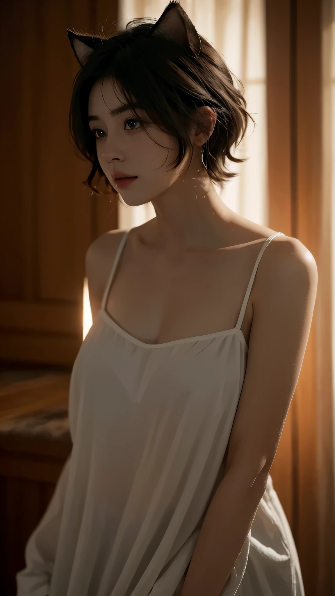 Best quality,masterpiece,Ultra-high resolution,(Realistically:1.5),RAW photos, Cat ears,cute,In the light,deep shadow,Low profile,Cold Light,sexy look,short hair