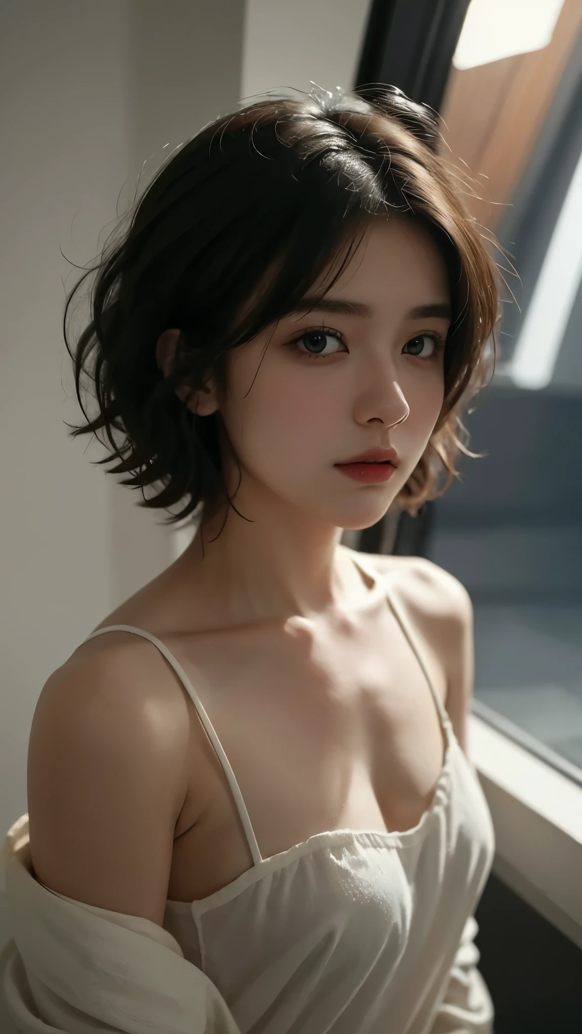 Best quality,masterpiece,Ultra-high resolution,（Realistically：1.5）,RAW photos, Cat ears,cute,In the light,deep shadow,Low profile,Cold Light,sexy look,short hair