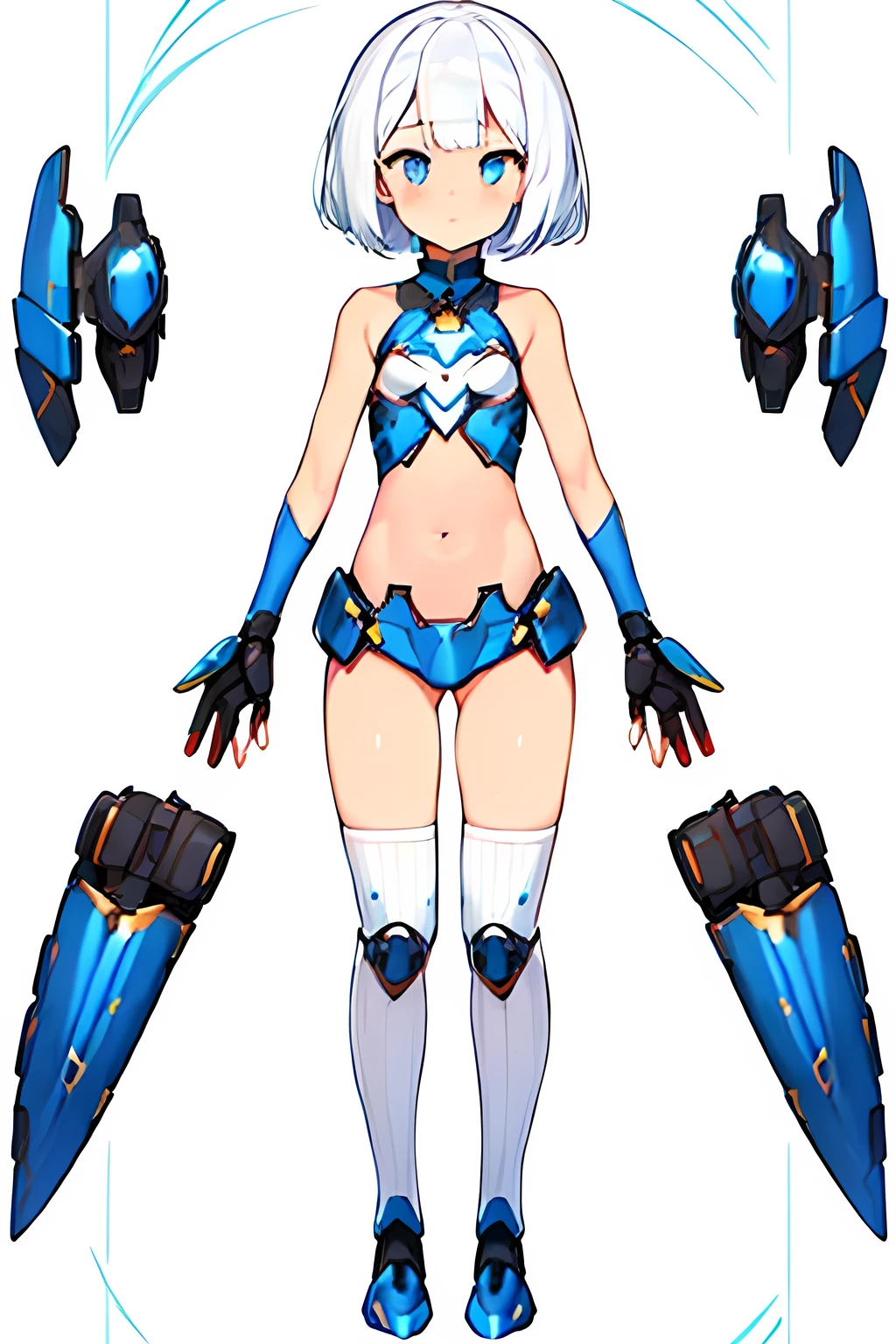 [(NO BACKGROUND:1.5),::5] (WHITE BACKGROUND:1.5), [(mecha musume:1.5)::,5] (tight armor, bare arms, bare hands:1.5), (loli:1.5), [(SYMETRICAL:1.5),::5] standing, (default pose:1.5), full body, (1girl:1.5), solo, masterpiece, highres, 4k, high quality, digital art, sparkling eyes, (loli:1.4), armor, (white armor:1.4), (blue stripes:1.2), (futuristic armor:1.3), blue eyes, white hair, (body armor only:1.5), (thigh:1.3), (small breasts:1.4), short hair, (bare arms, bare hands:1.4), (navel cutout:1.3), navel
