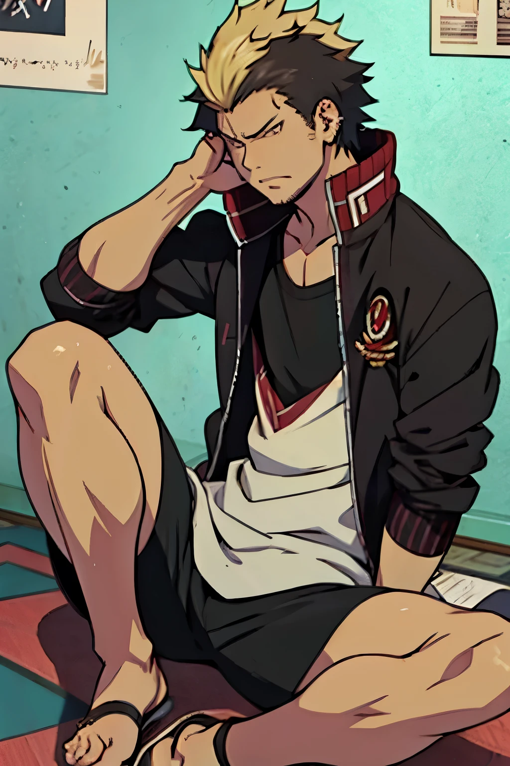 Ryuuji Su???? is sitting and flexing his calfes in black boxershorts.