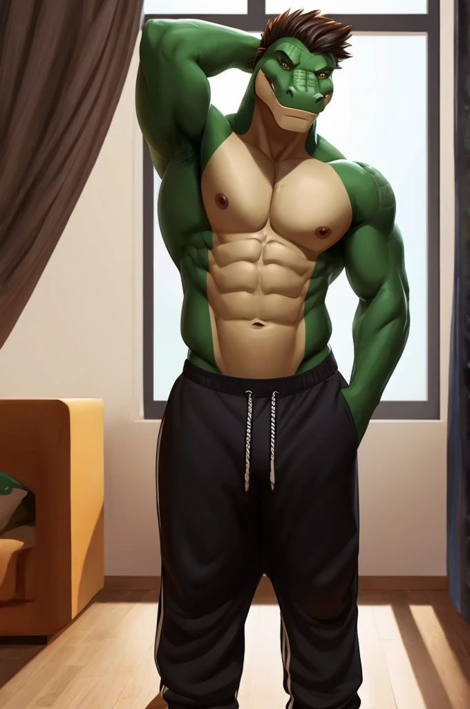NSFW, crocodile, shirtless, sweatpants