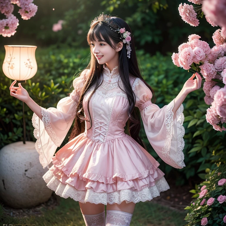 best quality, masterpiece, lifelike, 1 girl, Solitary, eternity, Black Hair, Long curly hair, Bangs, Laugh happily, Layered dress lace-trimmed skirt, ???? sleeves, Wide sleeves, Transparent sleeves, 在flower园里, flower, Detailed background, Delicate face,pink blush,White,Knee socks, Pink shoes,cold,Lots of Lace,((masterpiece))、(top quality)、8k、High Detail、Ultra Detailed、 21 years old female,masterpiece、born、Scenes resembling fairy tale illustrations、Intricate details showcase the ruffles and intricate designs of the Lolita dress、fine、magic、realism、Visual effects、FXAA、SSAO、shader、voiceless、Ambient Lighting、Tone Mapping、high resolution、Ultra HD、Million pixels、(8k resolution:1.10)、8k resolution、High Detail、Intricate details、 (high quality:1.2、masterpiece:1.2、:1.21)、(21 years old female)(Surrounded by the dreamy atmosphere )Laugh happily