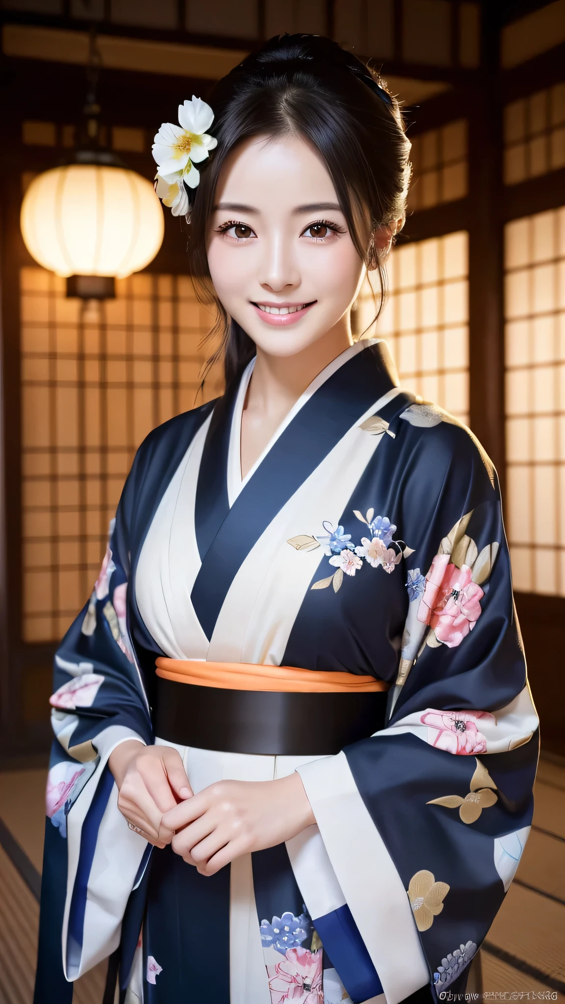 (Super beautiful woman in kimono)、((highest quality、8K masterpiece:1.3))、sharp focus:1.2、(super beautiful face:1.0)、(shiny skin:1.0)、realistic pictures、black hair、video lighting、High resolution eyes and face、video lighting、japanese actress、from the front、with a happy smile、whole body、wearing a kimono、in Kyoto、(luxury obi)