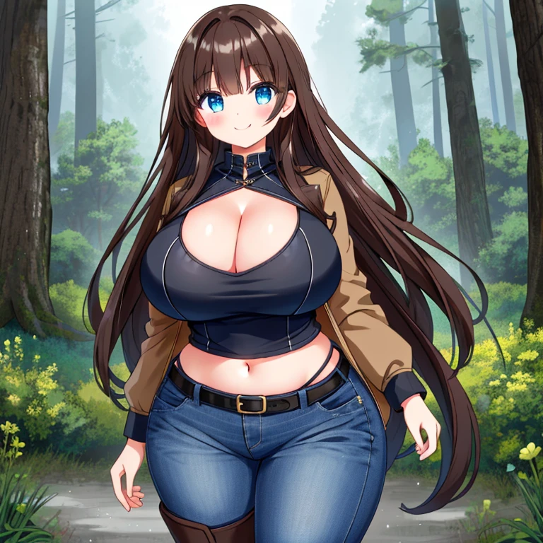 A Beautiful Cute Girl, with (Lush, Long Dark-Brown Hair), (Big Beautiful Blue Eyes), Overwhelmingly Gigantic Breasts, Unreasonably Oversized Breasts, Extremely Enormous Breasts, (Incredibly Wide Hips), Large thighs, and is very Athletic with a Overly Thick Figure. wearing a (Brown-Leather-Jacket), Light-Blue Shirt, ((Roughed Dark-Blue Jeans)), and (Black Boots). Standing in a Forest, in the mountains, with a Beautiful Smile. (Solo), ((Best Quality)), ((Best Detail)), ((Highly Detailed Eyes)), ((Perfect Anatomy)), Big Cleavage,