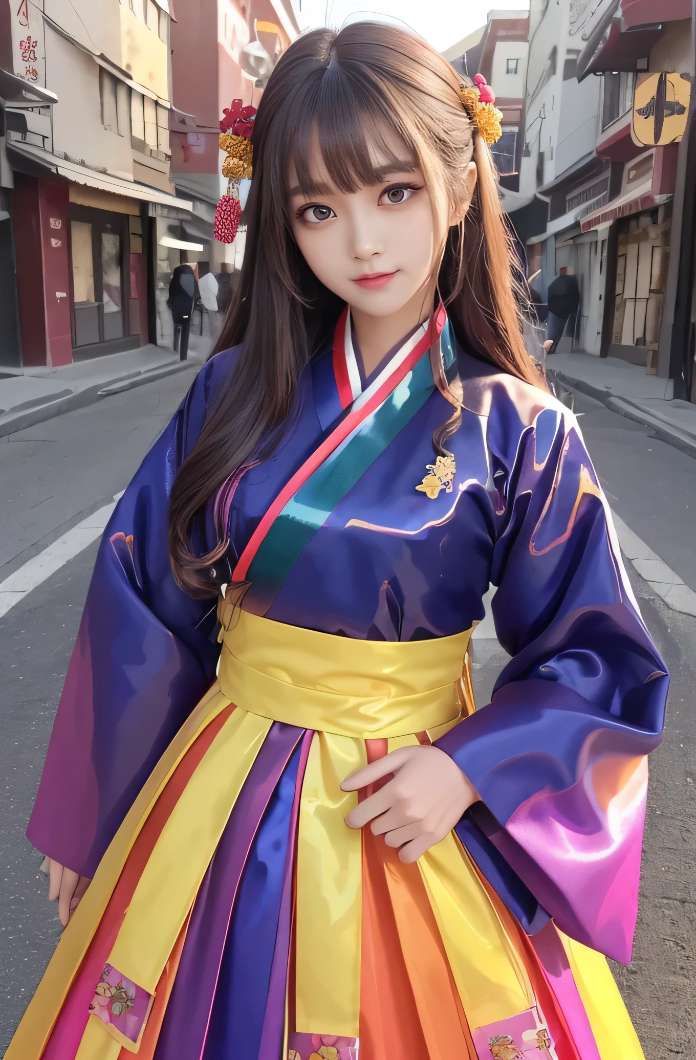 Angelic Very beautiful cute girl,11 yo,
Beautiful detailed eyes,
Detailed double eyelids,
(Large eyes:1.4),
Long straight brown hair,
see-through bangs,
Sharp Focus,small straight nose,
beautiful detailed face and eyes,
drooping eyes,
(Soft Saturation: 1.3), (Fair skin: 1.2),BREAK (beautiful hanbok: 1.5),(Super shiny red yellow blue green pink purple colored hanbok:1.4),(beautiful hanbok: 1.5),costume traditionally worn by Korean women,(Korea style:1.3),
Walking,(smile:1.5)
Brown hair,
(korean Chimajeogori:1.4) , (very high waist skirt:1.3),(costume with strong reflective surfaces:1.5),
Costume lighting,
In the street,(smile:1.5)