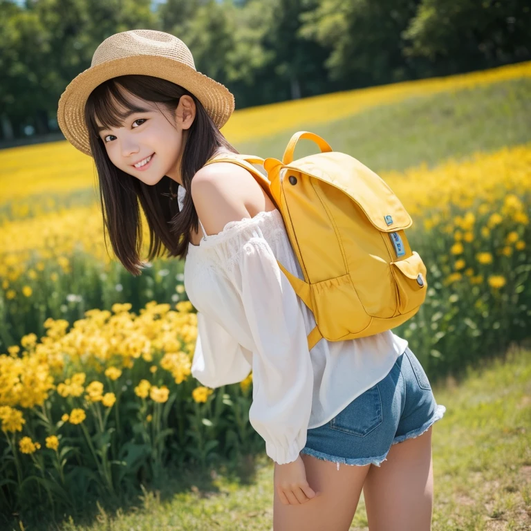 Shot from behind、Her face faces the viewer, and she looks very attractive with her backpack on., (adorable  dog), Enjoy a lovely spring outing surrounded by beautiful yellow flowers and natural scenery.. 1 girl,Cute face,smile,Off the shoulder、tight shorts,Knee socks、Cleavage、The illustrations are in high resolution with 4K resolution.., 12 yl with highly detailed facial features