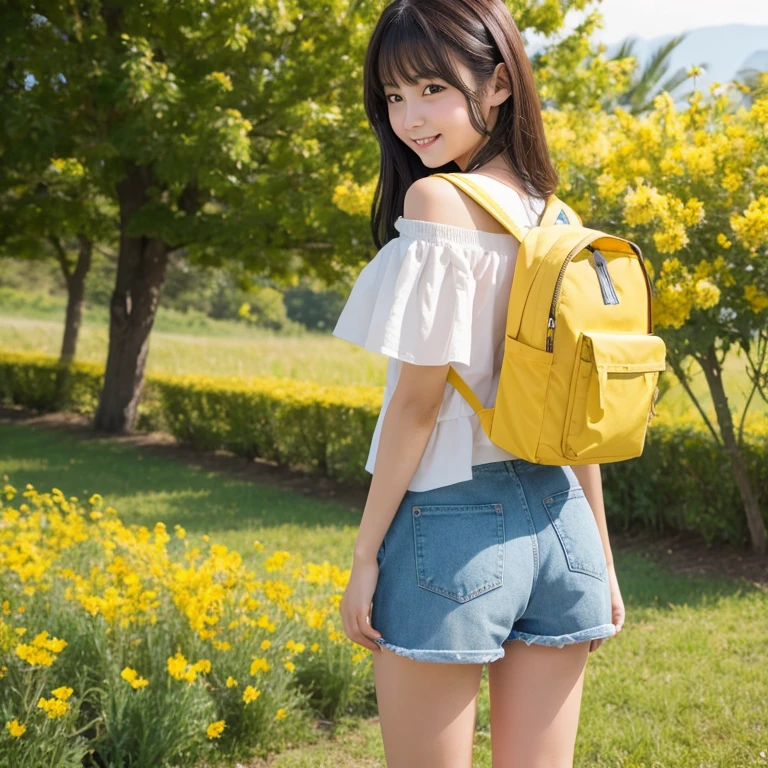Shot from behind、Her face faces the viewer, and she looks very attractive with her backpack on., (adorable baby dog), Enjoy a lovely spring outing surrounded by beautiful yellow flowers and natural scenery.. 1 girl,Cute face,smile,Off the shoulder、tight shorts,Knee socks、Cleavage、The illustrations are in high resolution with 4K resolution.., 12 year old girl with highly detailed facial features
