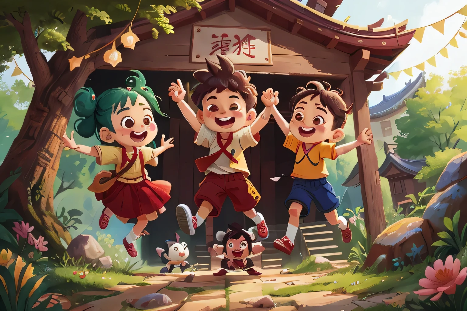 A-Long and Chun-Yue came to the village,Met a new friend, Aman。The three friends are very happy,They jumped up hand in hand
