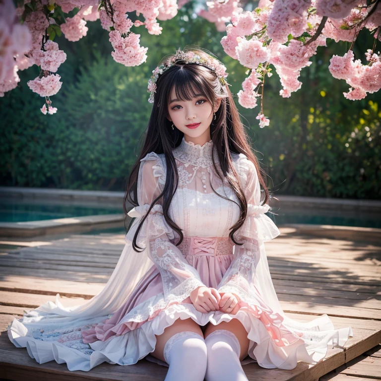 best quality, masterpiece, lifelike, 1 girl, Solitary, eternity, Black Hair, Long curly hair, Bangs, Laugh happily, Layered dress lace-trimmed skirt, Puff sleeves, Wide sleeves, Transparent sleeves, 在flower园里, flower, Detailed background, Delicate face,pink blush,White,Knee socks, Pink shoes,cold,Lots of Lace,((masterpiece))、(top quality)、8k、High Detail、Ultra Detailed、 21 years old female,masterpiece、born、Scenes resembling fairy tale illustrations、Intricate details showcase the ruffles and intricate designs of the Lolita dress、fine、magic、realism、Visual effects、FXAA、SSAO、shader、voiceless、Ambient Lighting、Tone Mapping、high resolution、Ultra HD、Million pixels、(8k resolution:1.10)、8k resolution、High Detail、Intricate details、 (high quality:1.2、masterpiece:1.2、:1.21)、(21 years old female)(Surrounded by the dreamy atmosphere )Laugh happily
