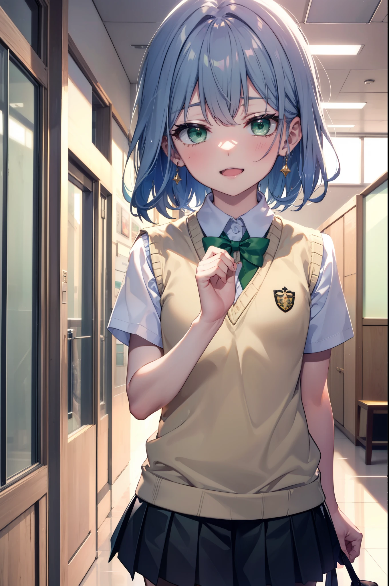 index, index, (Green Eyes:1.5), Blue Hair, Long Hair, (Flat Chest:1.2),tooth,happy smile, smile, Open your mouth, Resting his chin on his hand,　　　　　　
White shirt,Sweater vest, (黄色 Sweater vest:1.5),,Short sleeve,Green pleated skirt,black tights,Brown Loafers,corridorを歩いている,
break looking at viewer, Upper Body, whole body,
break indoors, School　corridor,crowd, people々々,
break (masterpiece:1.2), highest quality, High resolution, unity 8k wallpaper, (figure:0.8), (Beautiful fine details:1.6), Highly detailed face, Perfect lighting, Highly detailed CG, (Perfect hands, Perfect Anatomy),