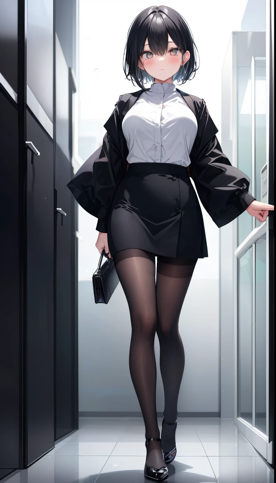 One Girl、positive、Standing posture、Full body portrait、Black Hair、Medium Haircut、blush、Absolute area、Black knee-high socks、Knee-length、stockings、Black Pantyhose、White underwear、Light blue shirt、Blue-gray business suit、Grey tight mini skirt、Japanese office lady、Summer clothes、office、Daytime、(Very large breasts)、((Lesbians all over))、masterpiece、(highest quality)、
Panties around the ankles、Black high heels