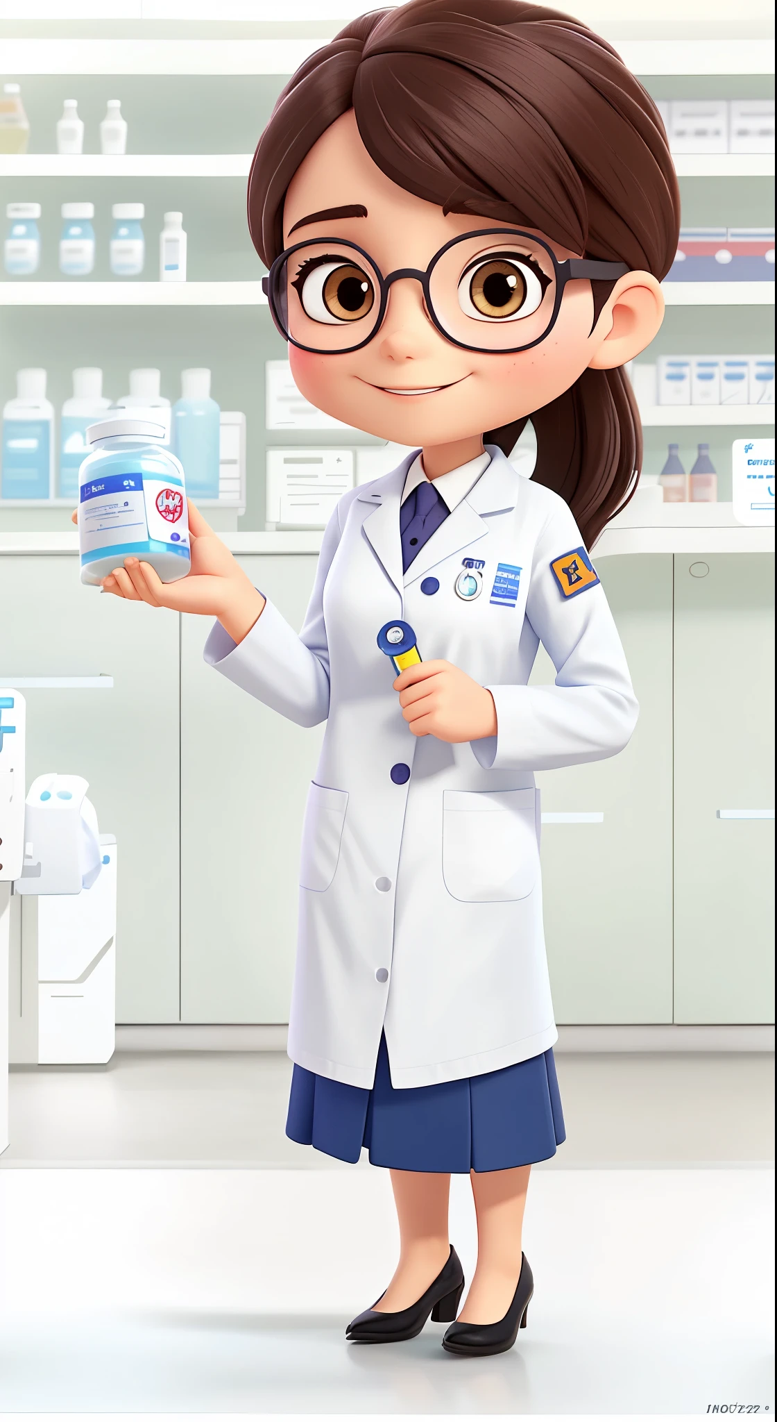 A cute and pretty female doctor in her thirties, wearing glasses with big eyes, is holding up a medicine bottle to show the label "DDV" on it. She has short brown hair, a white coat, a blue skirt, black high heels, and a simple background of a clinic interior. The character design is in the style of Pixar with a Disney animation style and a cartoon character illustration.