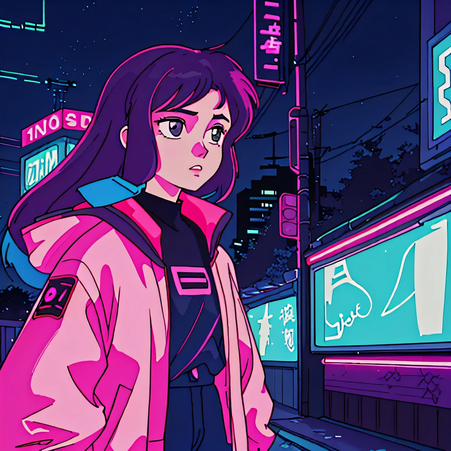 Zero: A Mature Woman in Deep Rest, Front view, under the Glow of Night Lights, in a Neon-lit Park Scene, having an Analog Color Theme, reminiscent of a Lo-Fi, flat, 2.5D Drawing; intricately inked with expressive lines and large gradients, giving an Old Texture, akin to a Watercolor painting with Goosch Colors. The woman dons Awesome, colorful Outerwear, living in a synthwave, lofi art, 90s vibe, embodying a Huge technology presence, adding an amplitude of atmosphere to this Masutepiece of the beautiful night.