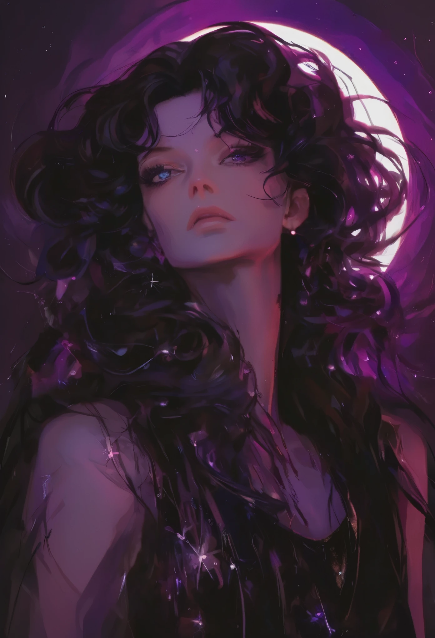 （（Dark Tones）），In this scene, a woman with an elfin chin and deep-set eyes stands amidst a chaotic fusion of purple and black hues that characterize the cosmos. Her eyes shimmer with starlight, her high cheekbones accentuated by translucent, crystal-like headdress on either side of her head, imbuing her with an air of mystery and elegance. Her skin possesses a pearly white translucence, tinged with faintly glowing violet patterns that flow in ethereal beauty. Unusually, her hair is composed of purple-black smoky tendrils, intertwining with magical particles in the air; Solidified strands within are studded with subtle rays, shimmering as they sway with her movements. The background, dominated by purple to evoke mystique and magic, and black to enhance the profundity and enigma, features swirling smoke that transcends mere backdrop, forming vortexes and streamline patterns that suggest the fluidity and warping of space. Specks of light scattered throughout mimic distant stars or floating magical dust, creating a dreamlike ambiance. Encircling the woman are undulating energy rings that fluctuate with her every gesture, illustrating her profound connection and interplay with the ambient magical energies. Every detail emanates a fantastical beauty that transcends the mundane.