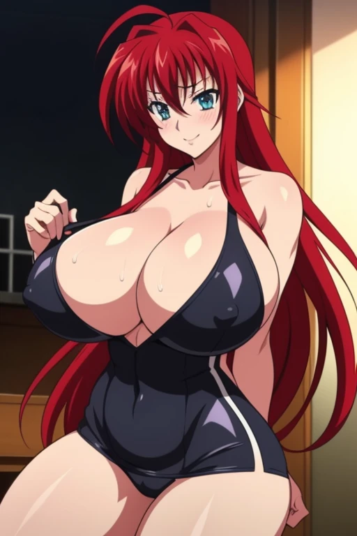 High resolution, Highschool Dxd, Rias Gremory, 1girl, ((bimbo))), long red hair, blue eyes, erotic smile face, sexy face, puffy lips, painted lips, thick lips, wide hips, thick thighs, thick hourglass figure, busty, enormous Natural breasts, shiny skin, oily skin, hot pants, white top, gym, revealing cleavage, sweat, tall, legs, breasts posing,