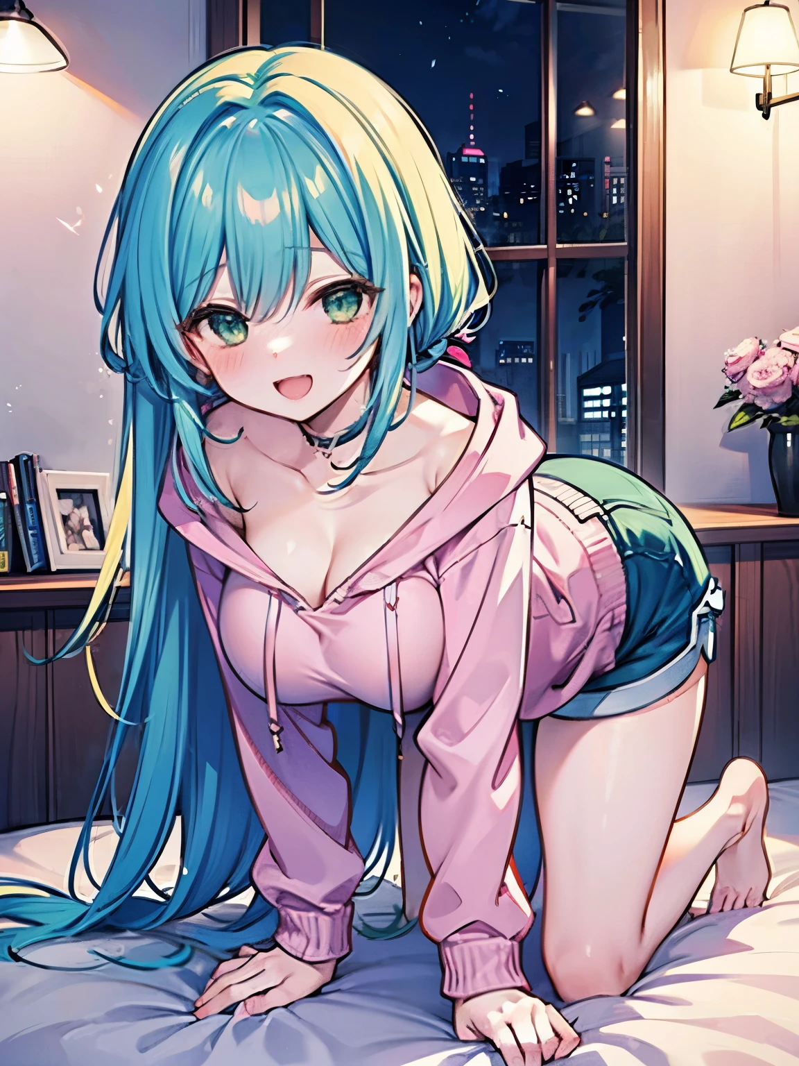 Second Dimension、pretty girl、sister、smile、Open your mouth、Blushing、Green Eyes、Long Hair、Light blue hair、bed、On all fours、Place your hands on the floor、front、From the side a little、Thick thighs、Pink hoodie、head、clavicle、Large Breasts、valley、Shorts、Light blue hair、Dark Room、window、night