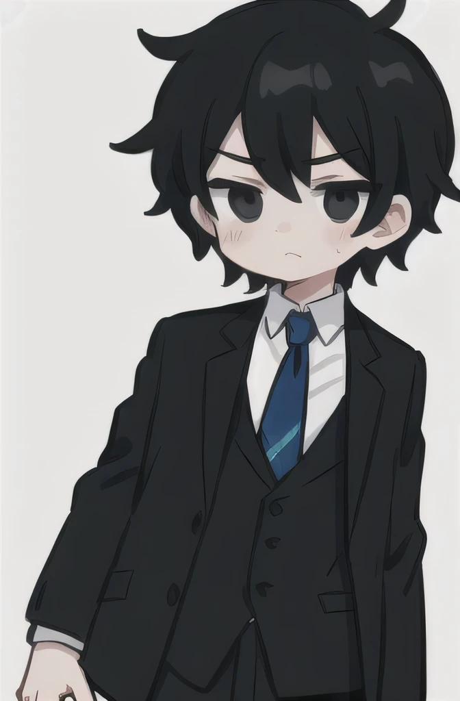 A boy with black hair and black eyes, wearing a cheap suit.