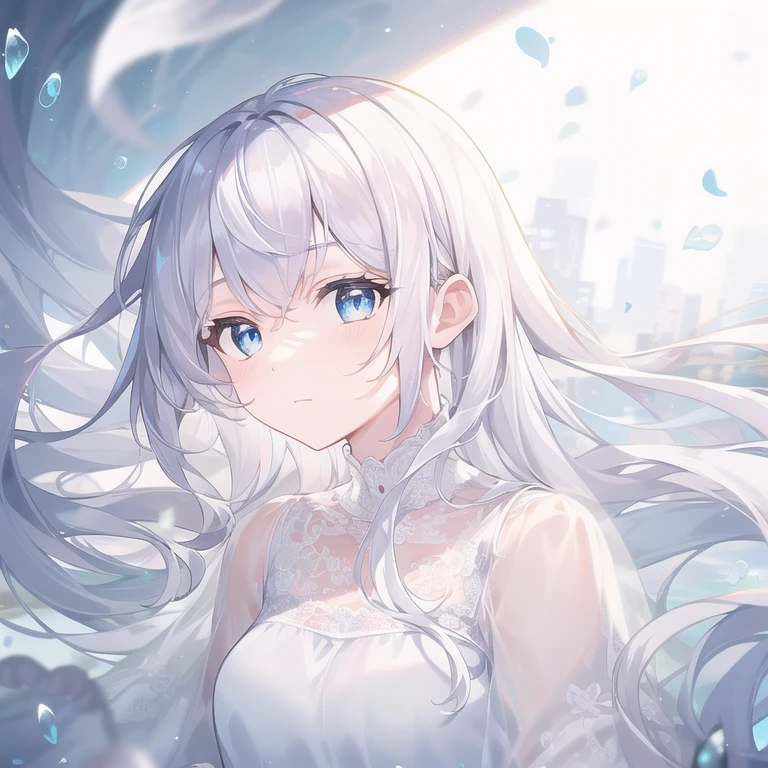 ((masterpiece, best quality))++, Detailed lighting+, Detailed hair+, Detail hand+ ,1 girl, Miss, Long hair, Deep blue eyes, beautiful eyes, young white hair,,(Beautiful white hair:1.5),(Beautiful and delicate eyes), high resolution+,glass tint, Reflective eyes, {{angle}} , Very detailed wallpaper, The original, ,Sea of Flowers,Air bangs,city road,Double ponytails
