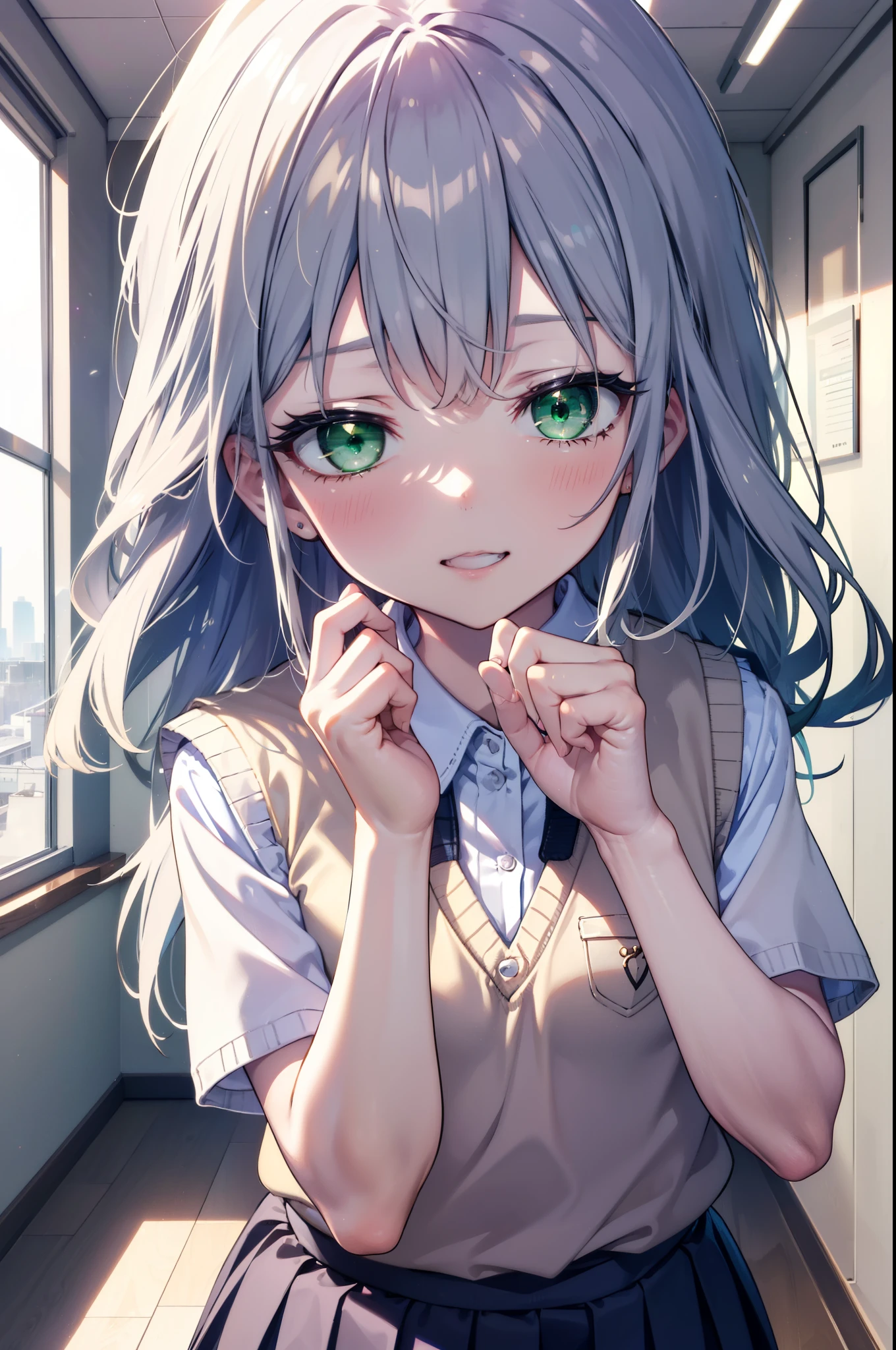 index, index, (Green Eyes:1.5), Silver Hair, Long Hair, (Flat Chest:1.2),tooth,happy smile, smile, Open your mouth, Resting his chin on his hand,　　　　　　
White shirt,Sweater vest, (黄色 Sweater vest:1.5),,Short sleeve,Green pleated skirt,black tights,Brown Loafers,corridorを歩いている,Daytime,Clear skies,
break looking at viewer, Upper Body, whole body,
break indoors, School　corridor,crowd, people々々,
break (masterpiece:1.2), highest quality, High resolution, unity 8k wallpaper, (figure:0.8), (Beautiful fine details:1.6), Highly detailed face, Perfect lighting, Highly detailed CG, (Perfect hands, Perfect Anatomy),