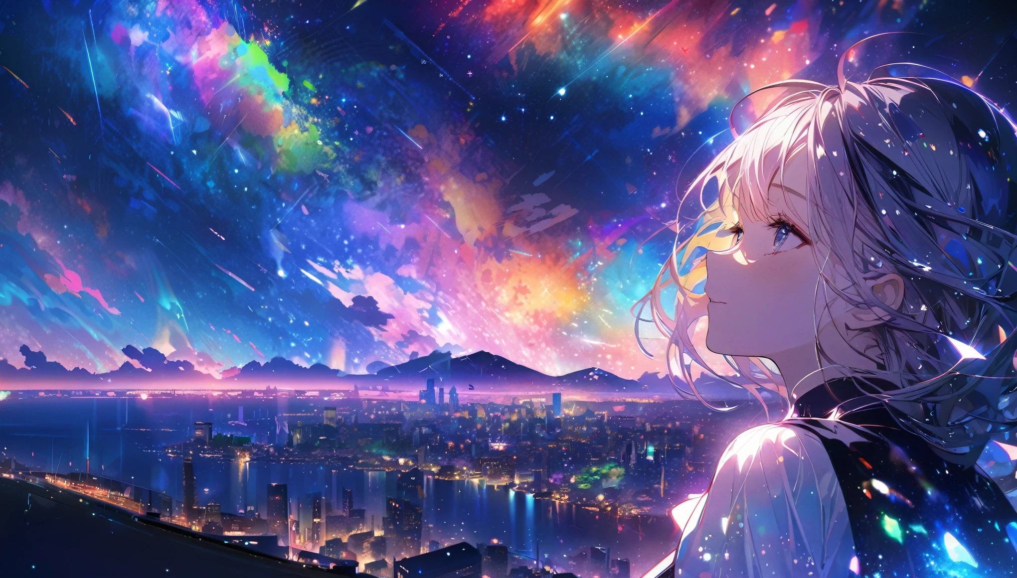 Angelic, detailed woman, midnight, nebula, after the rain, starry night, horizon, in the sky, city , colorful, high-res, 8K