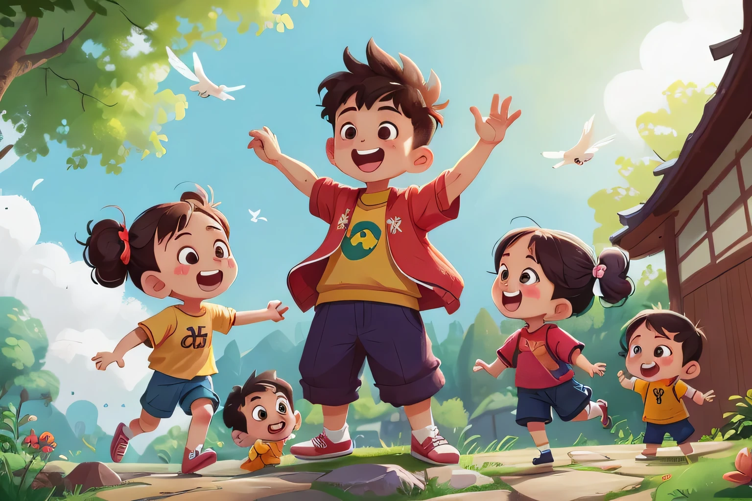 A-Long and Chun-Yue came to the village,Met a new little boy named Aman。The three children are very happy,They jumped hand in hand