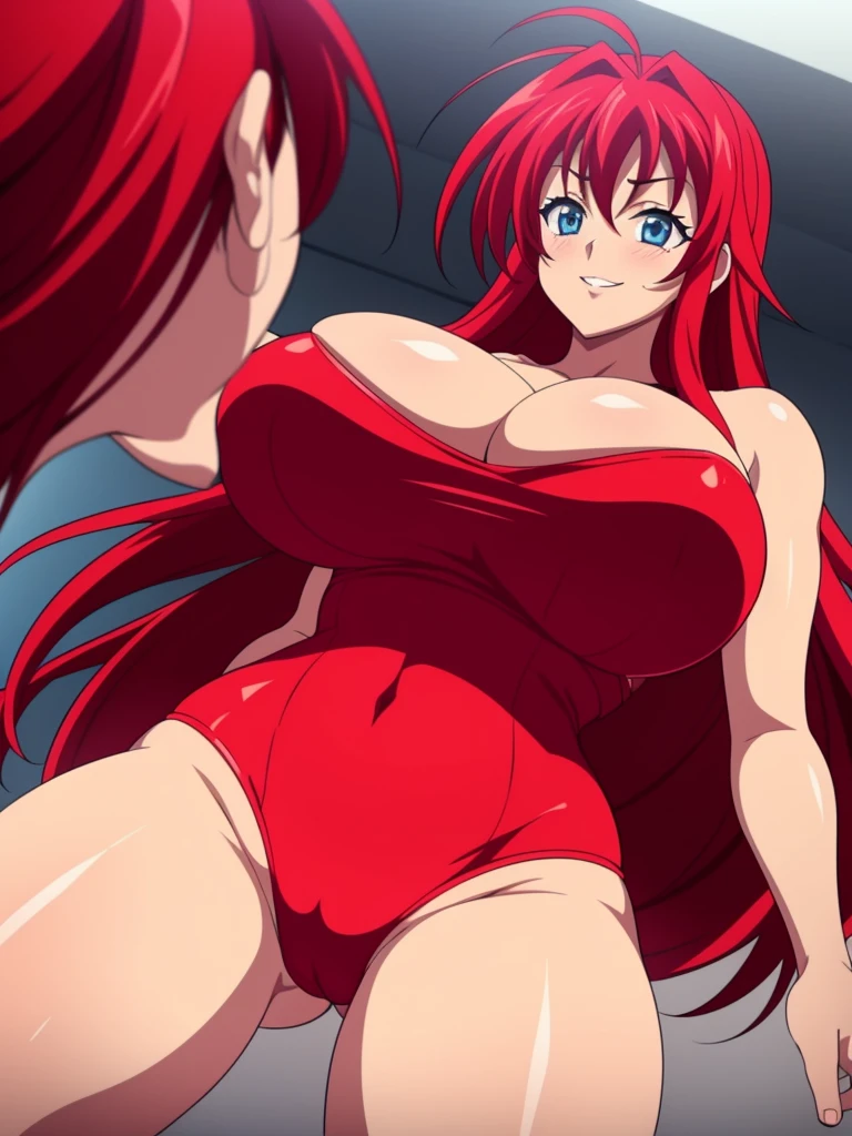 High resolution, Highschool Dxd, Rias Gremory, 1girl, ((bimbo))), long red hair, blue eyes, erotic smile face, sexy face, puffy lips, painted lips, thick lips, wide hips, thick thighs, thick hourglass figure, busty, enormous Natural breasts, shiny skin, oily skin, hot pants, white top, gym, revealing cleavage, sweat, tall, legs, breasts posing,
