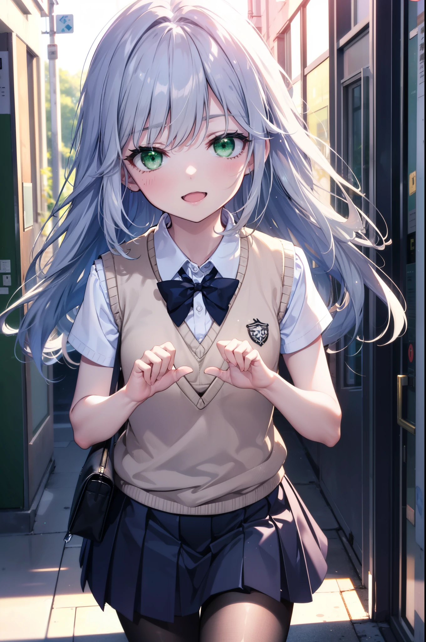 index, index, (Green Eyes:1.5), Silver Hair, Long Hair, (Flat Chest:1.2),tooth,happy smile, smile, Open your mouth, Resting his chin on his hand,　　　　　　
White shirt,Sweater vest, (黄色 Sweater vest:1.5),,Short sleeve,Green pleated skirt,black tights,Brown Loafers,corridorを歩いている,Daytime,Clear skies,
break looking at viewer, Upper Body, whole body,
break indoors, School　corridor,crowd, people々々,
break (masterpiece:1.2), highest quality, High resolution, unity 8k wallpaper, (figure:0.8), (Beautiful fine details:1.6), Highly detailed face, Perfect lighting, Highly detailed CG, (Perfect hands, Perfect Anatomy),