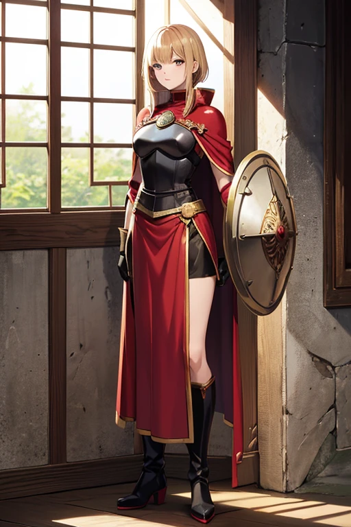Anime Art、Full body portrait、Dungeons&Knight of the Dragons、A strong-willed woman, about 175 cm tall and around 28 years old, wearing plate mail, a long red skirt, and a red cloak, standing upright with a long sword and a large shield in her hands.、Short medium blonde hair、Flat chest、gloves、boots
