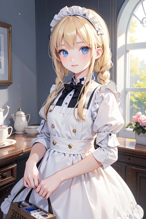 (8k, highest quality, Tabletop:1.2)、Ultra-high resolution、One -yeld gi Perfect Fingers, Detailed face, blue eyes, Blonde, Braid, Black and white maid outfit,  Inside the castle, Cleaning the entrance