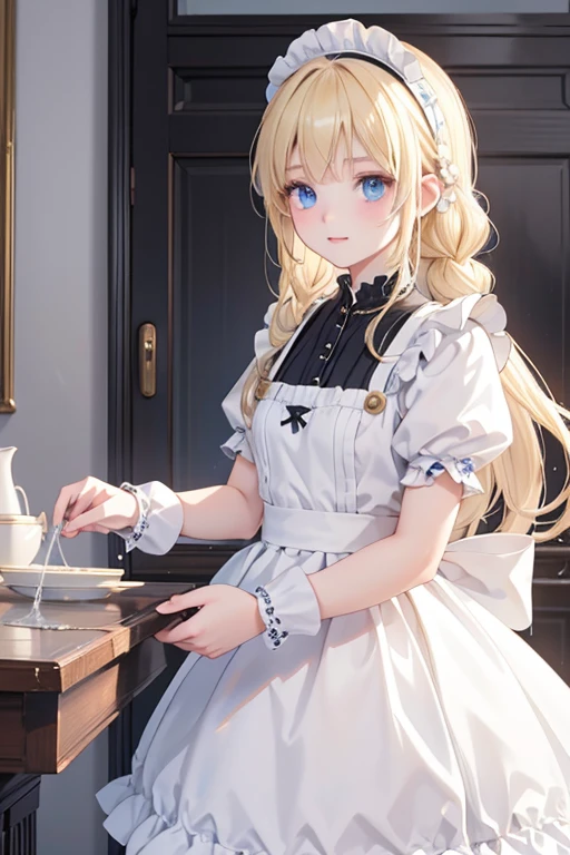 (8k, highest quality, Tabletop:1.2)、Ultra-high resolution、One -yeld gi Perfect Fingers, Detailed face, blue eyes, Blonde, Braid, Black and white maid outfit,  Inside the castle, Cleaning the entrance