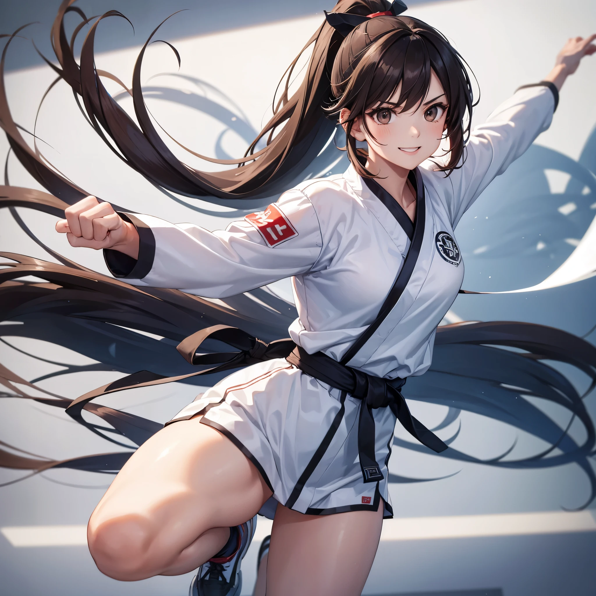 A woman wearing a white karate uniform, black belt around her waist, long brown hair, ponytail hair, with a white band in her hair, brown eyes, with a fighting stance, in a dojo, standing, smiling face, full body, shadow projected, atmospheric perspective, flourish, 8k, super detail, accurate, best quality, UHD, anatomically correct, textured skin, high quality, high resolution, best quality (solo woman)
